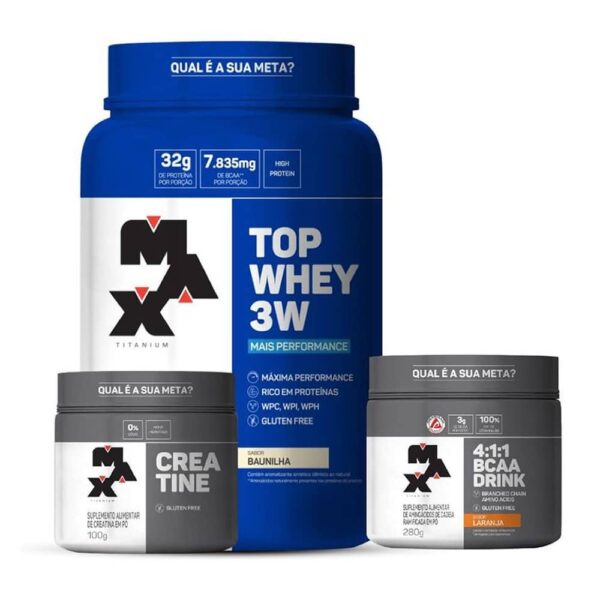 Kit Top Whey 3W + Creatina + Bcaa Drink - Max TitaniumMorango