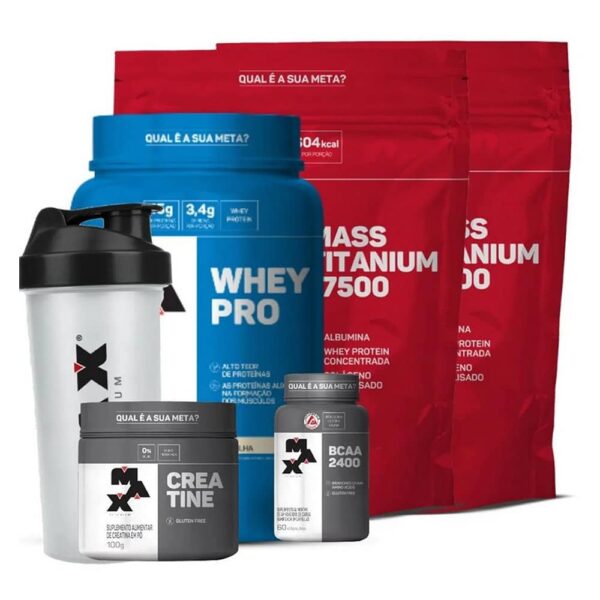 Kit Whey Pro + 2X Mass + Bcaa + Creatine + Coqueteleira - Max Titanium