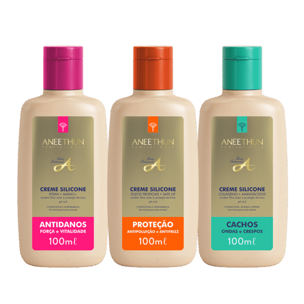 Trio Creme Silicone Proteção, Antidanos e Cachos Aneethun 100mL