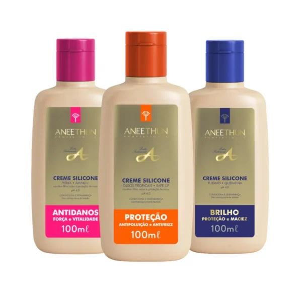 Trio Creme Silicone Antidanos, Brilho e Proteção Aneethun 100mL